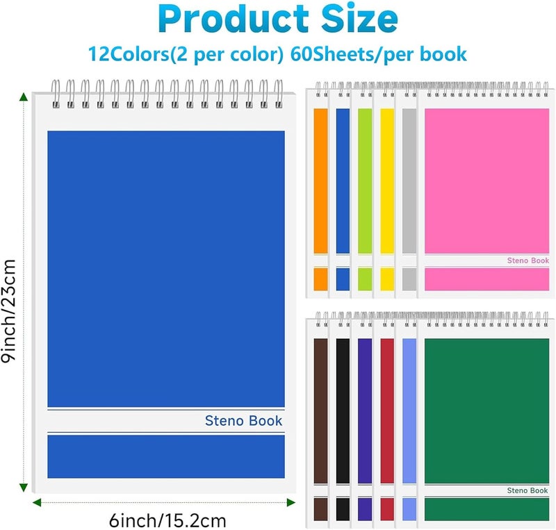 UZLU 24 Pack Steno Pads 6x9 Spiral Notebooks Bulk 12 Assorted Colors Note Pads 60 Sheets Gregg Rule Writing Paper, Steno Notebooks for Students Teachers Men Women Professionals Office School Recording - Image 3